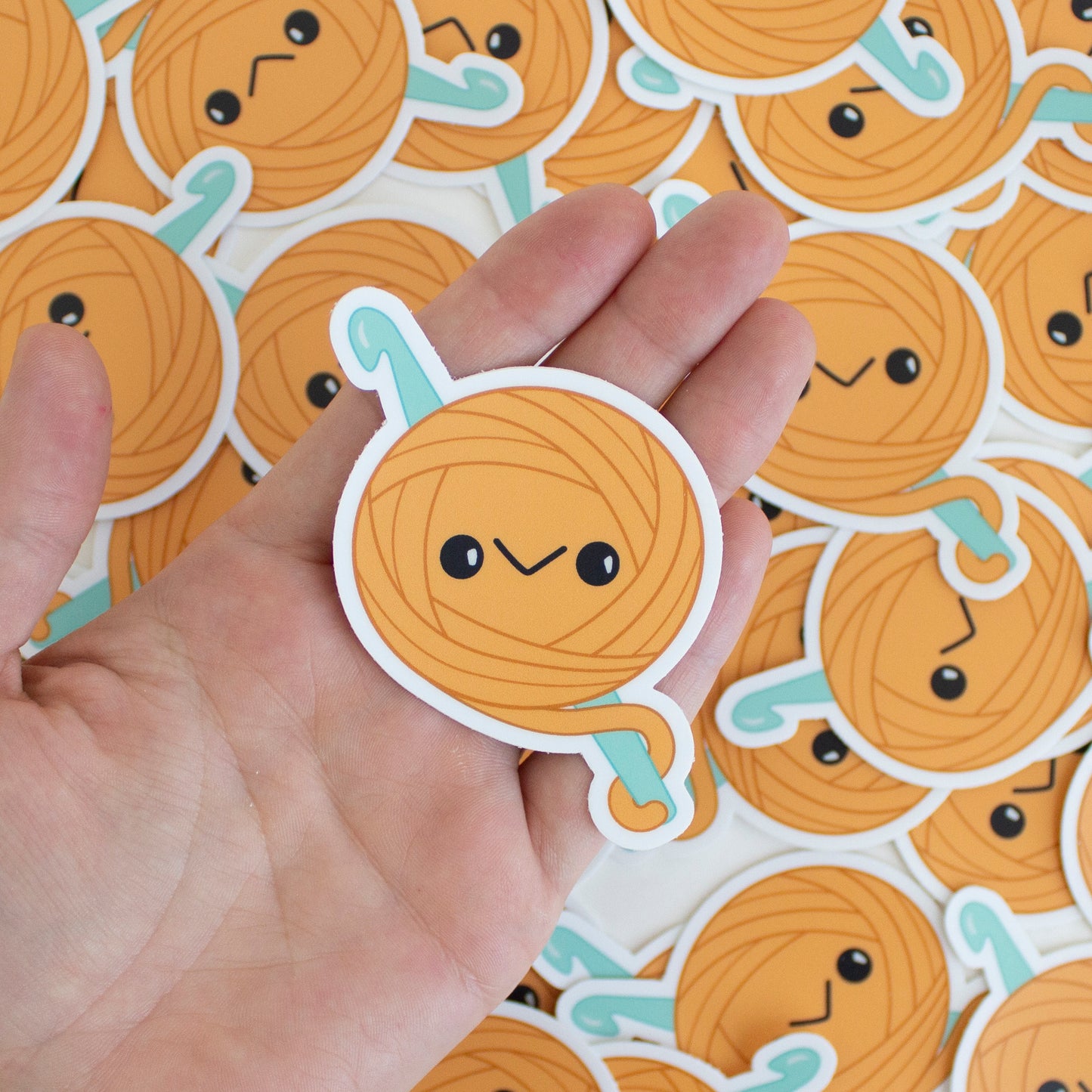 Kawaii Orange Yarn Ball Crochet Sticker - Blue Crochet Hook - Vinyl Close Up