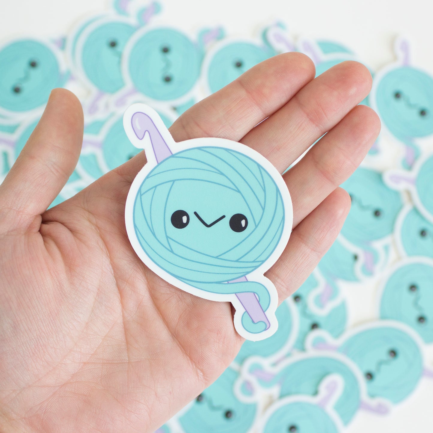Kawaii Blue Yarn Ball Crochet Sticker - Purple Crochet Hook - Vinyl Holding