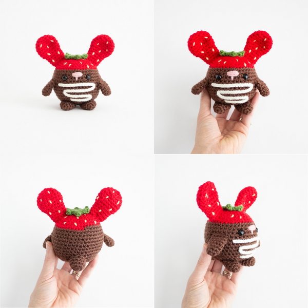 Valentines Day Seasonal Crochet Chubby Bunny Pattern - Amigurumi Chocolate Covered Strawberries Angles