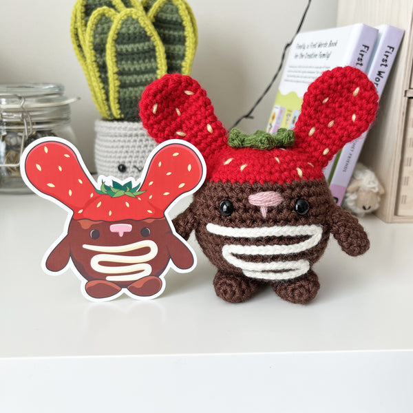 Chocolate Covered Strawberry Bunny Kawaii Crochet Sticker with Amigurumi Strawbunny