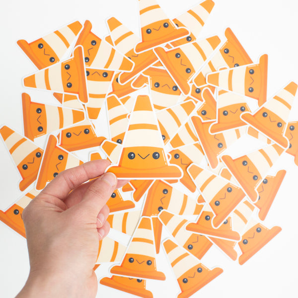 Kawaii Orange Safety Cone Vinyl Sticker - Holding