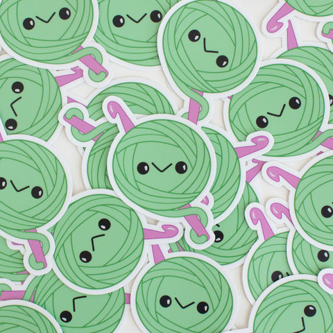 Kawaii Green Yarn Ball Crochet Sticker - Pink Crochet Hook - Vinyl