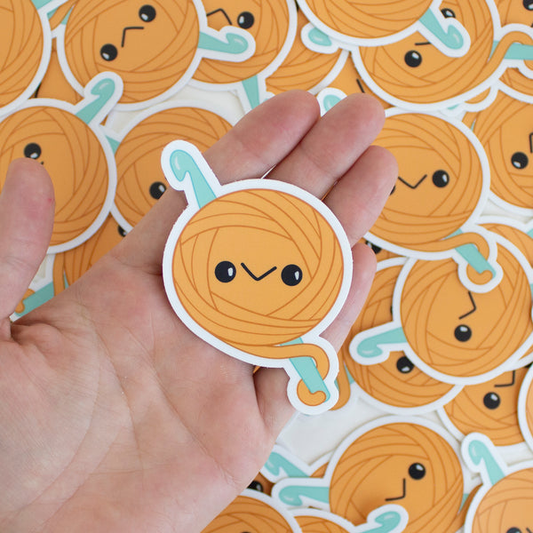 Kawaii Orange Yarn Ball Crochet Sticker - Blue Crochet Hook - Vinyl Close Up