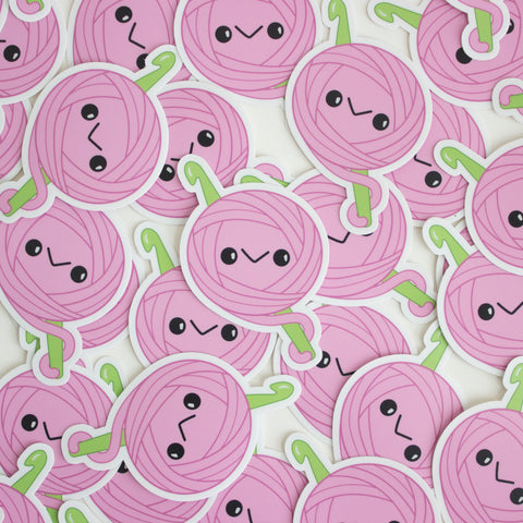Kawaii Pink Yarn Ball Crochet Sticker - Green Crochet Hook - Vinyl 