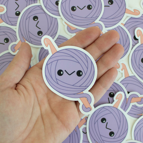 Kawaii Purple Yarn Ball Crochet Sticker - Pink Crochet Hook - Vinyl Holding