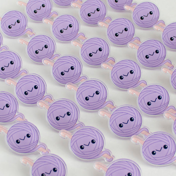 Purple Yarn Ball Acrylic Pin - Pink Crochet Hook - Group Close Up