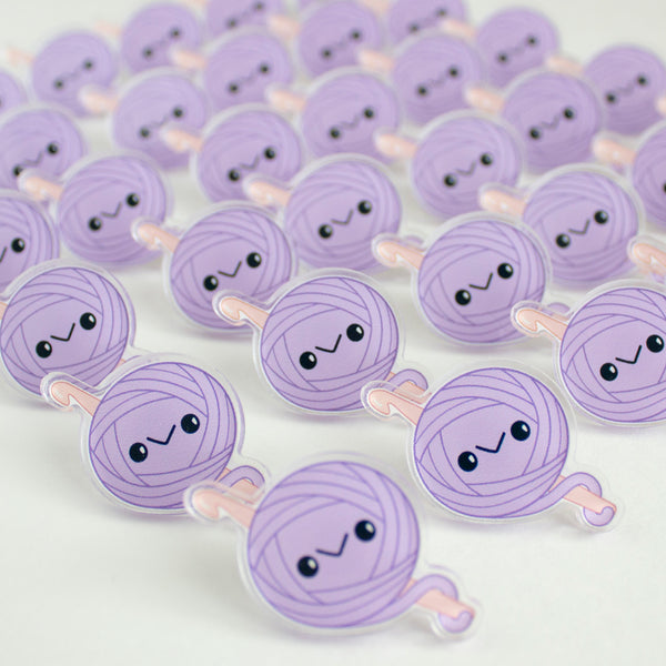 Purple Yarn Ball Acrylic Pin - Pink Crochet Hook - Lapel Close Up