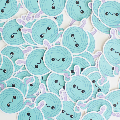 Kawaii Blue Yarn Ball Crochet Sticker - Purple Crochet Hook - Vinyl