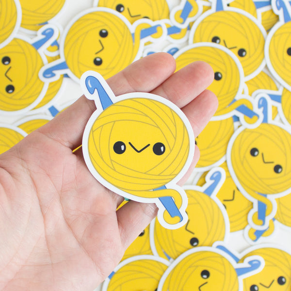 Kawaii Yellow Yarn Ball Crochet Sticker - Blue Crochet Hook - Vinyl Holding